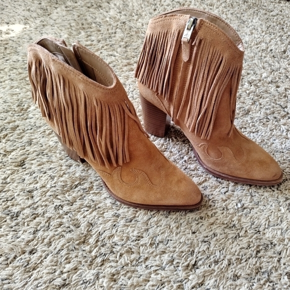 SAM EDELMAN Brown Western Design Fringed Padded Benjie Pointed Toe booties sz7,5 - Picture 2 of 9